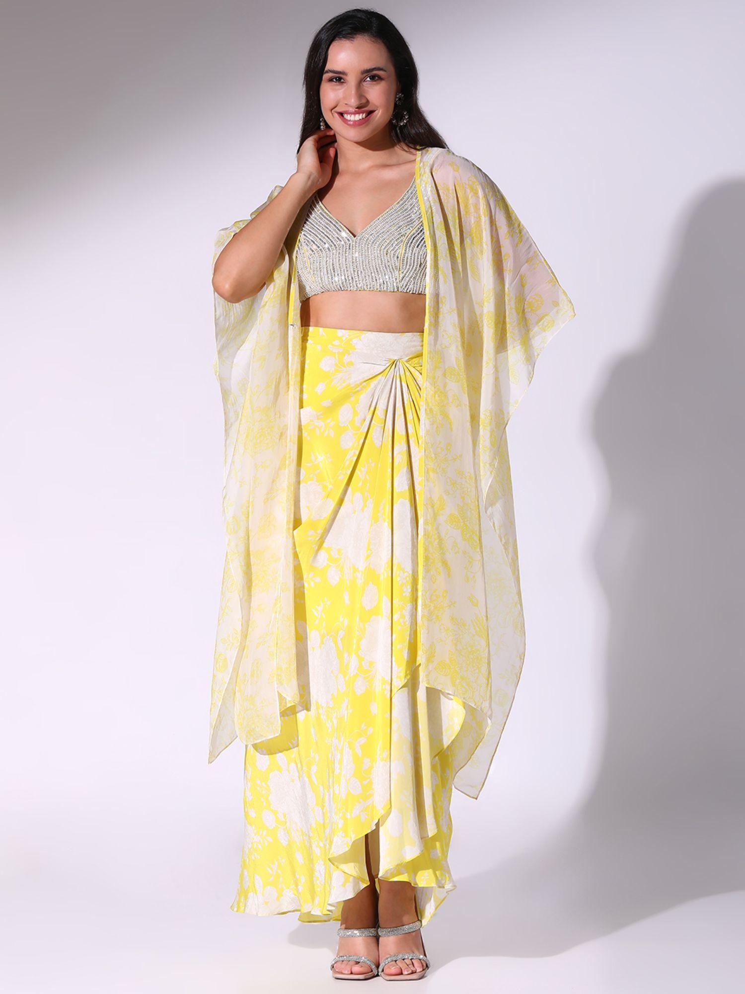 yellow floral printed skirt with blouse and cape (set of 3)