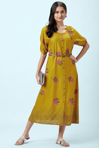 yellow floral printed square neck casual calf-length elbow sleeves women regular fit dress
