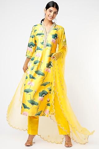yellow floral printed straight tunic set