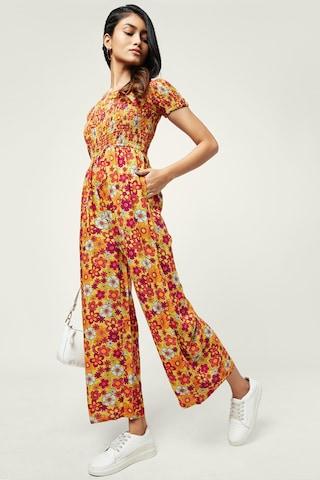 yellow floral printed strapless casual ankle-length half sleeves women regular fit jumpsuit