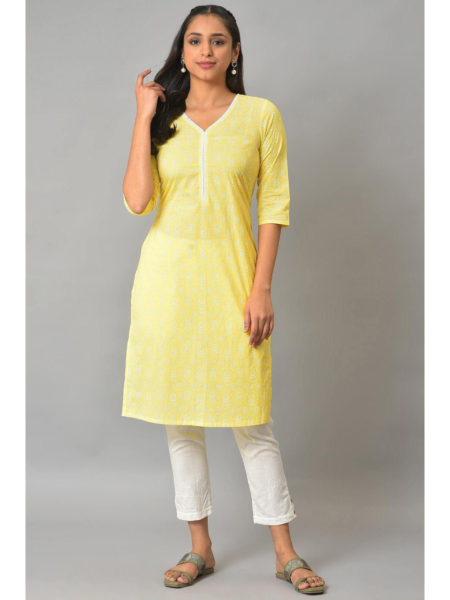 yellow floral printed v-neck kurta