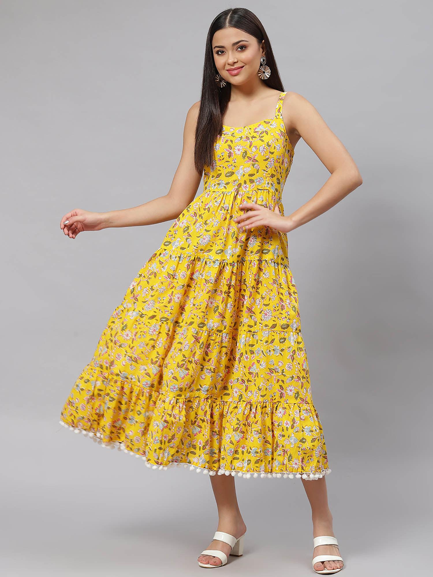 yellow floral shoulder strip long dress