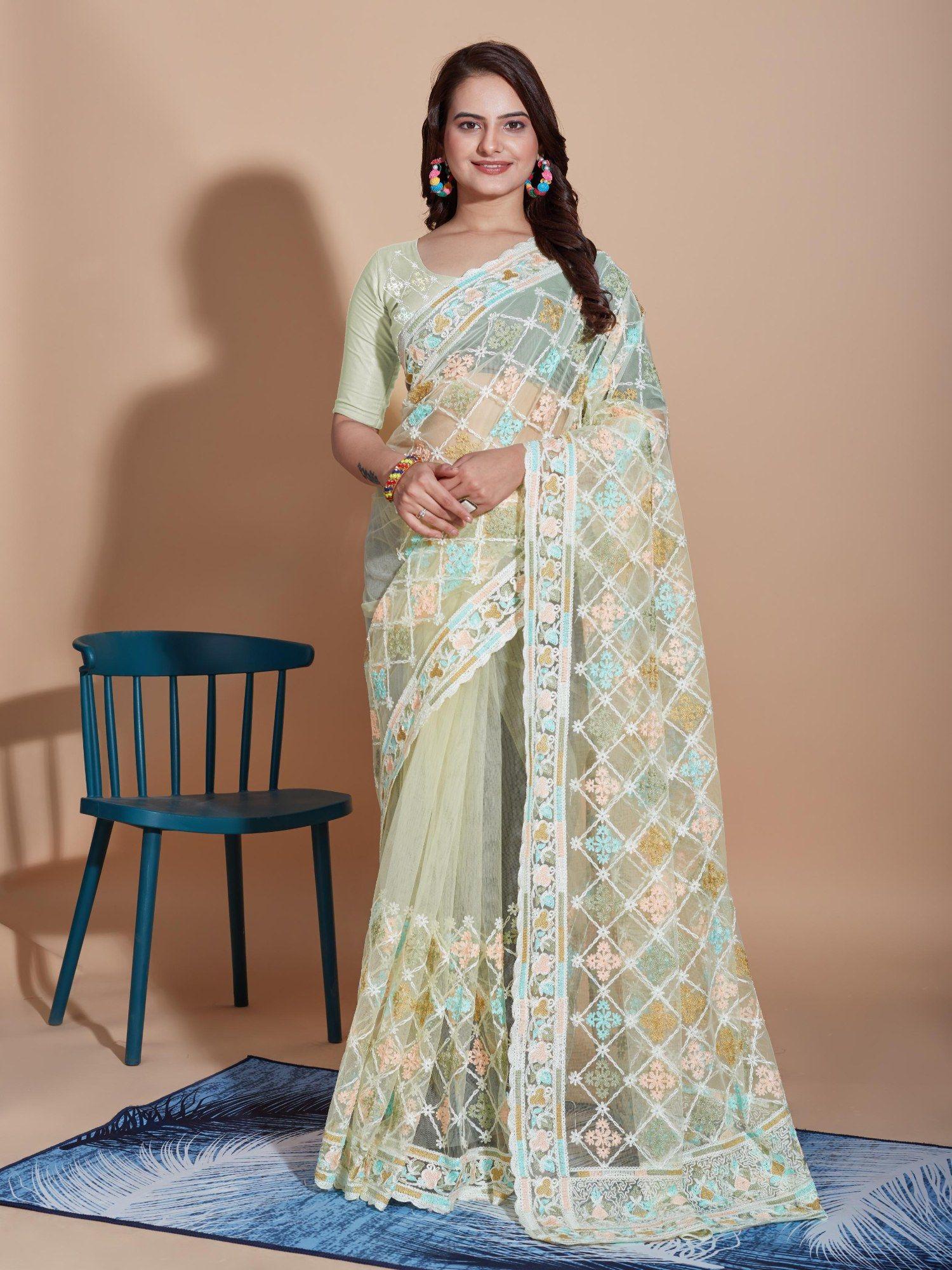 yellow floral soft net embroidery saree with unstitched blouse