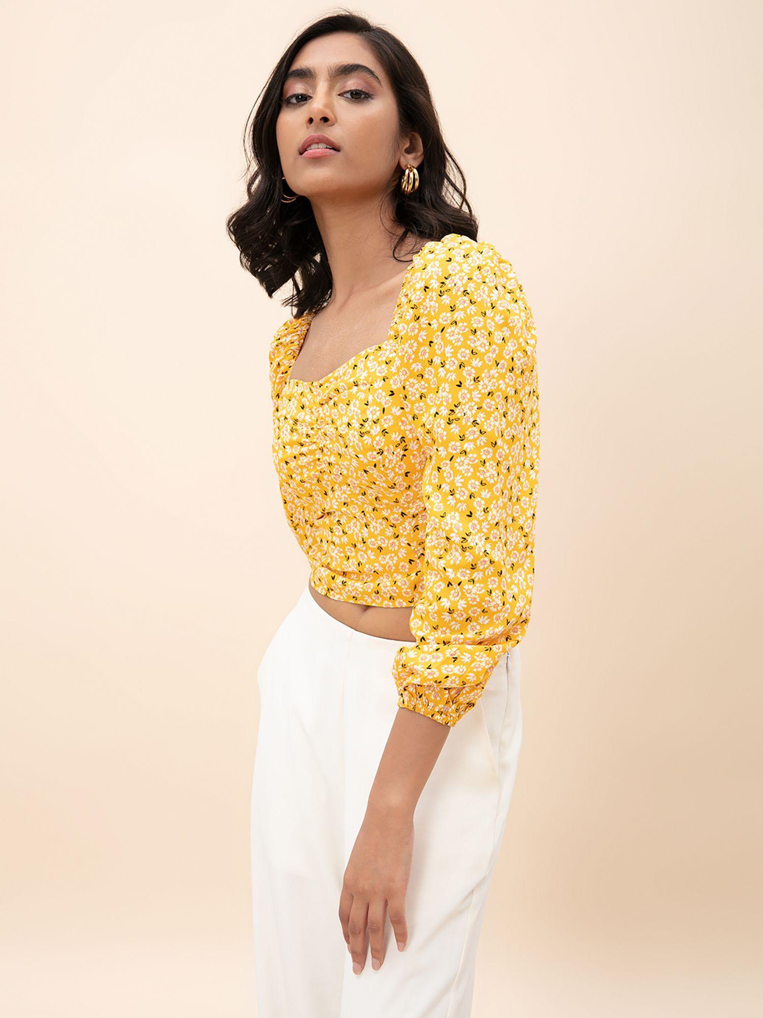 yellow floral square neck crop top