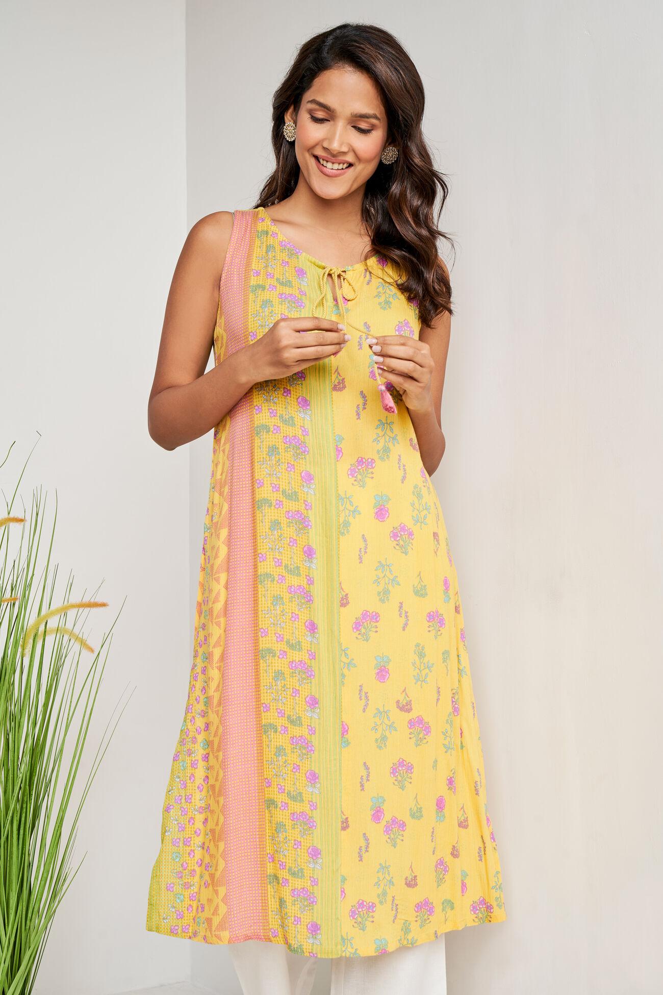 yellow floral straight slip-on kurta