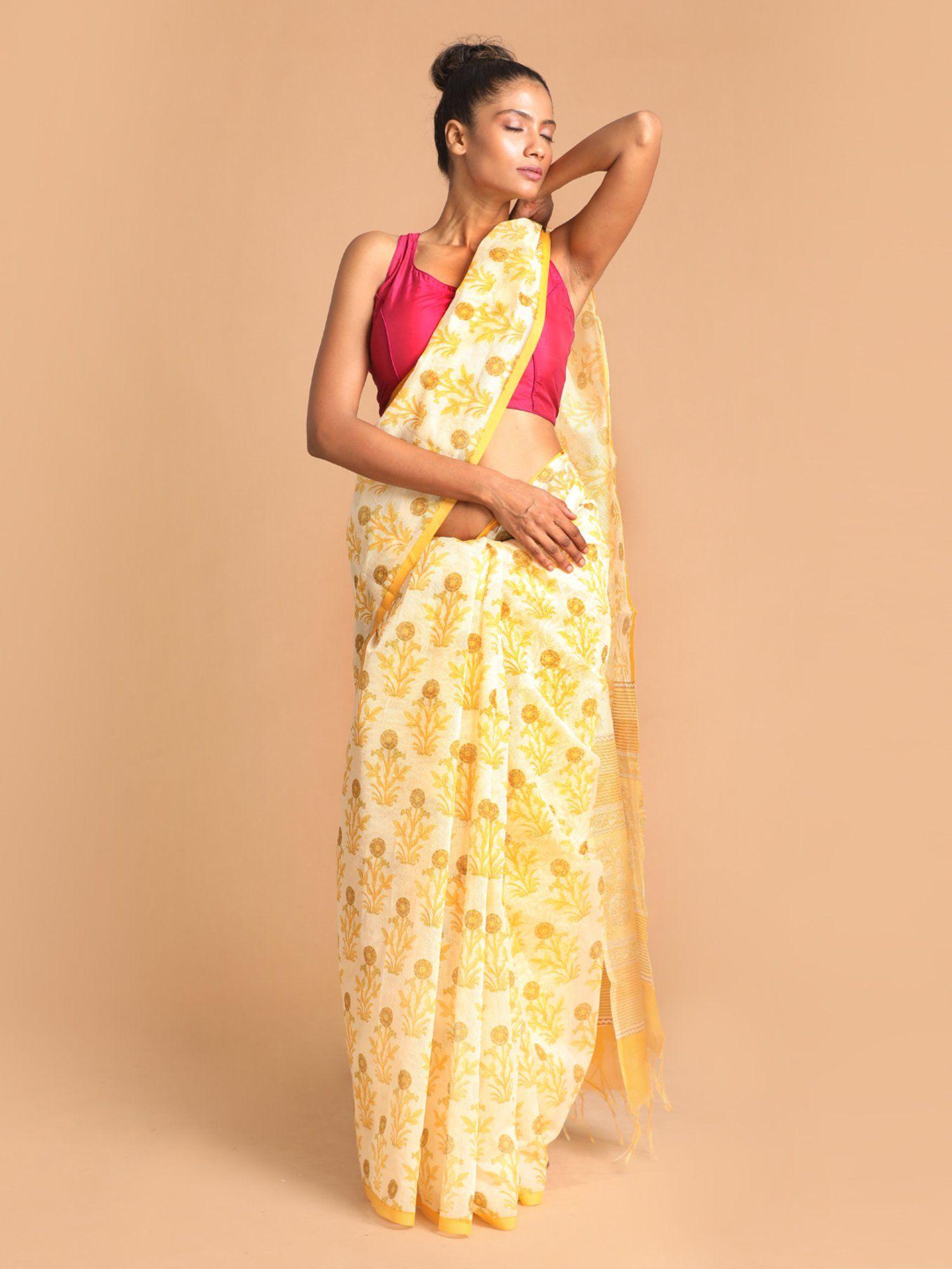 yellow floral super net saree with unstitched blouse