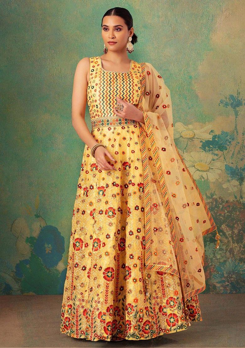 yellow floral thread embroidered organza anarkali gown with dupatta