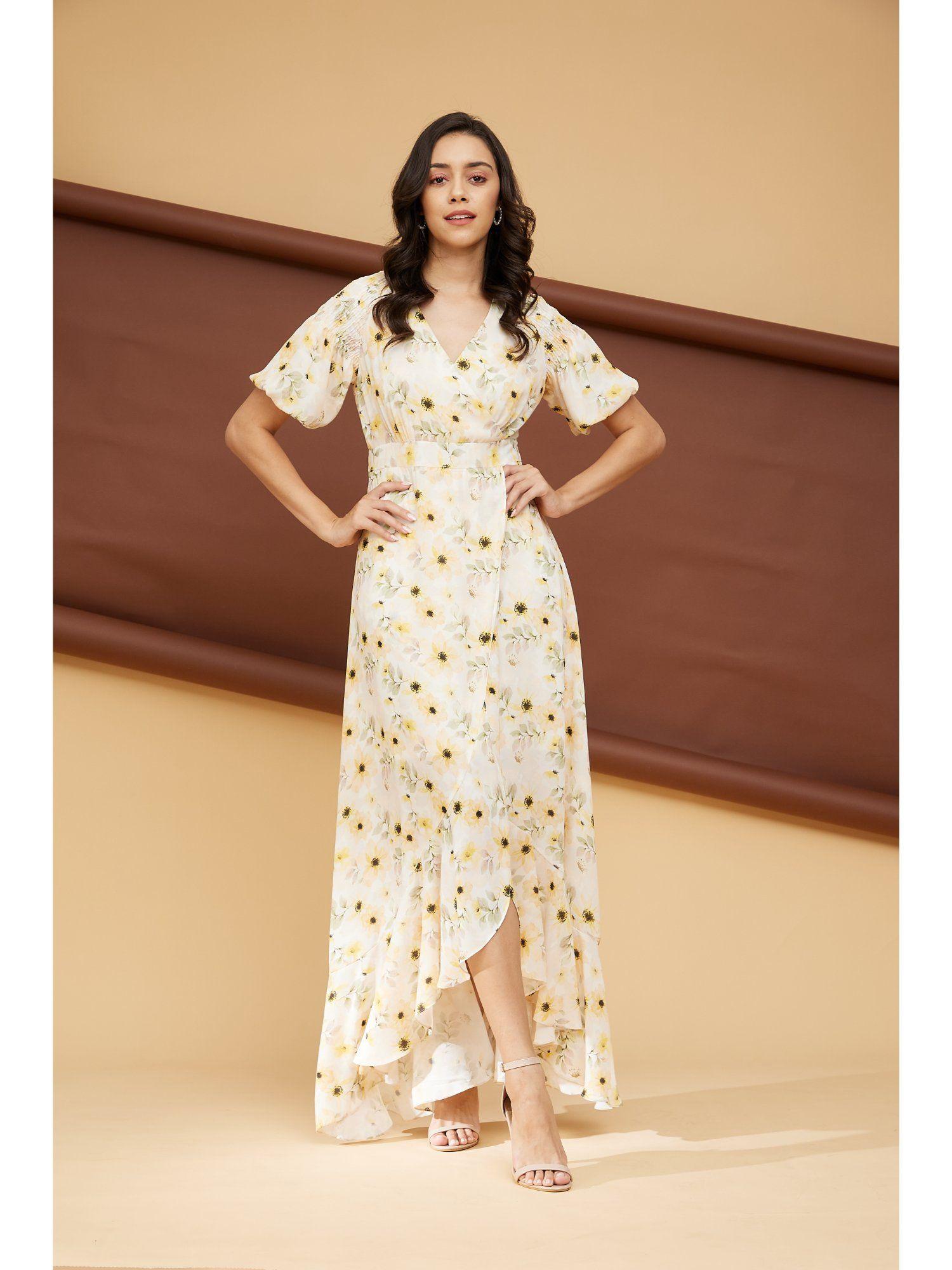 yellow floral v-neck maxi dress