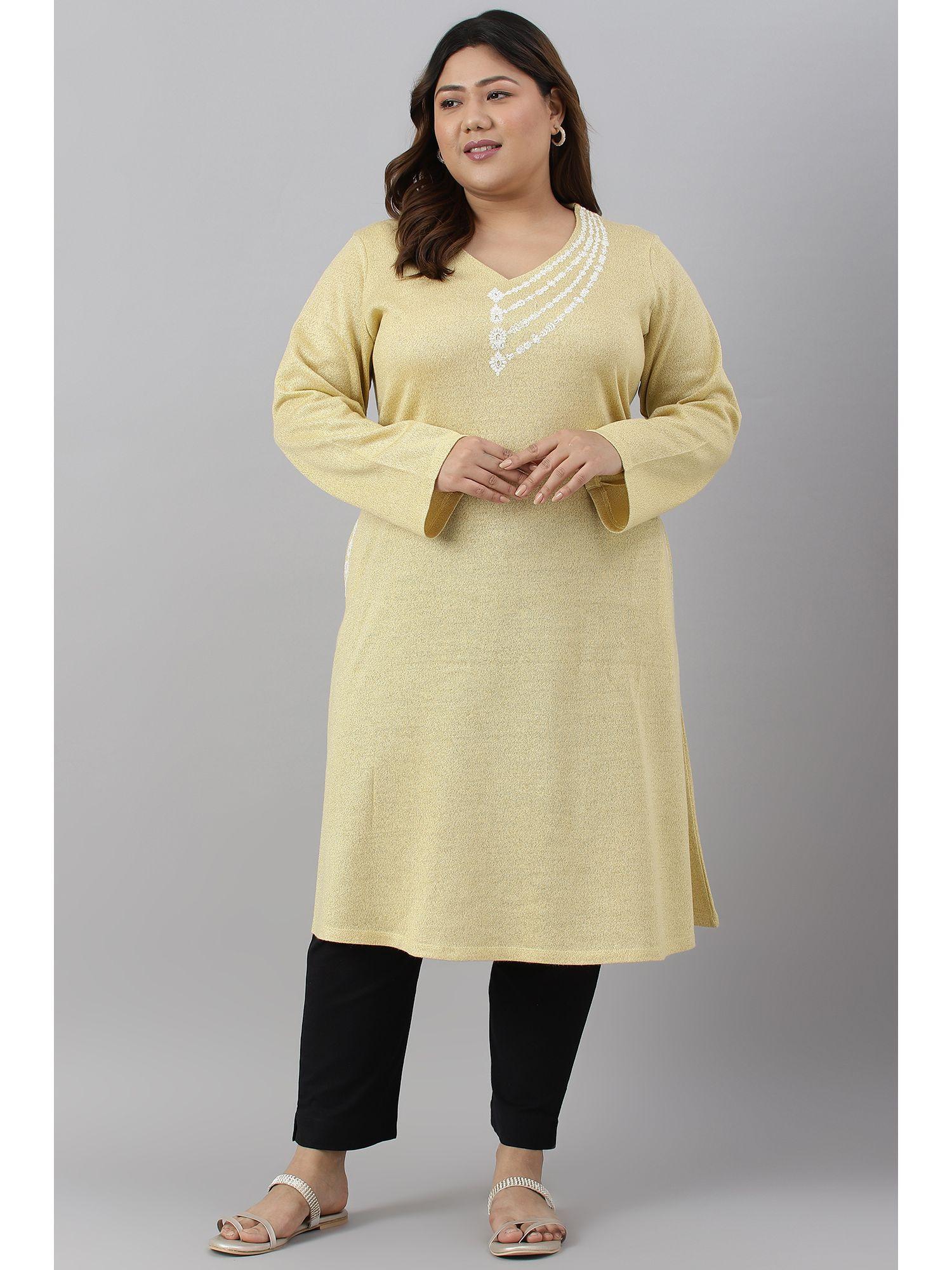 yellow floral winter kurta