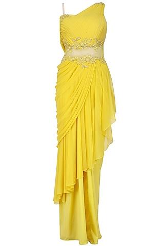 yellow floral work frill saree