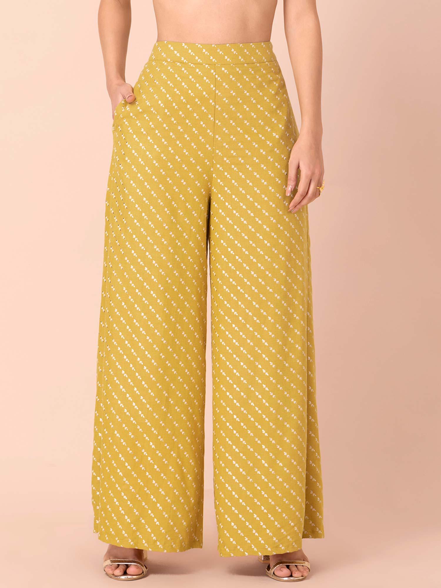 yellow foil flared palazzo pants