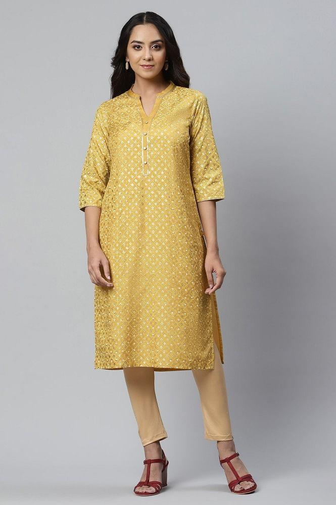 yellow foil printed straight kurta