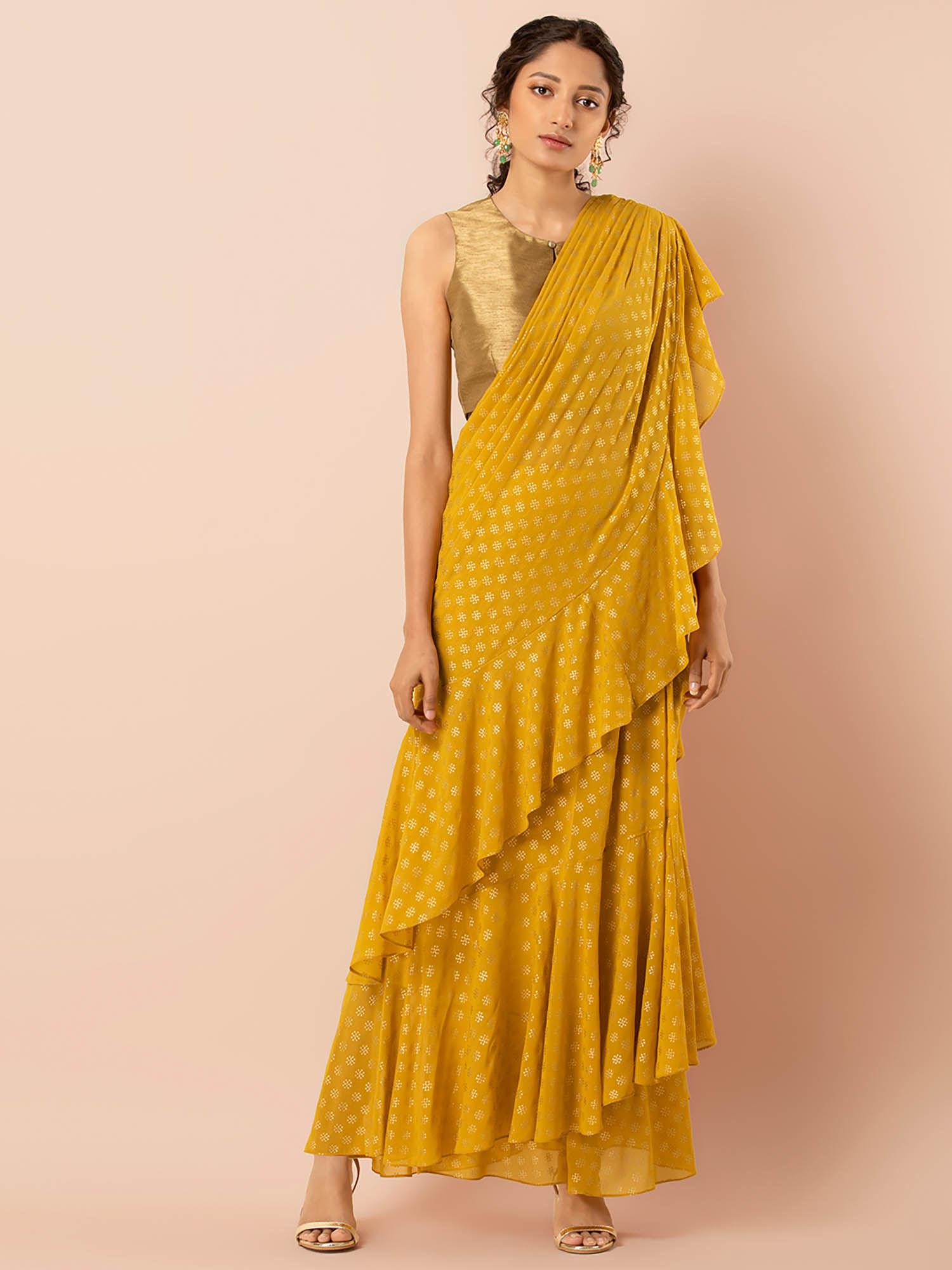 yellow foil ruffled saree skirt