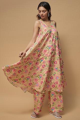 yellow french crepe printed kurta set