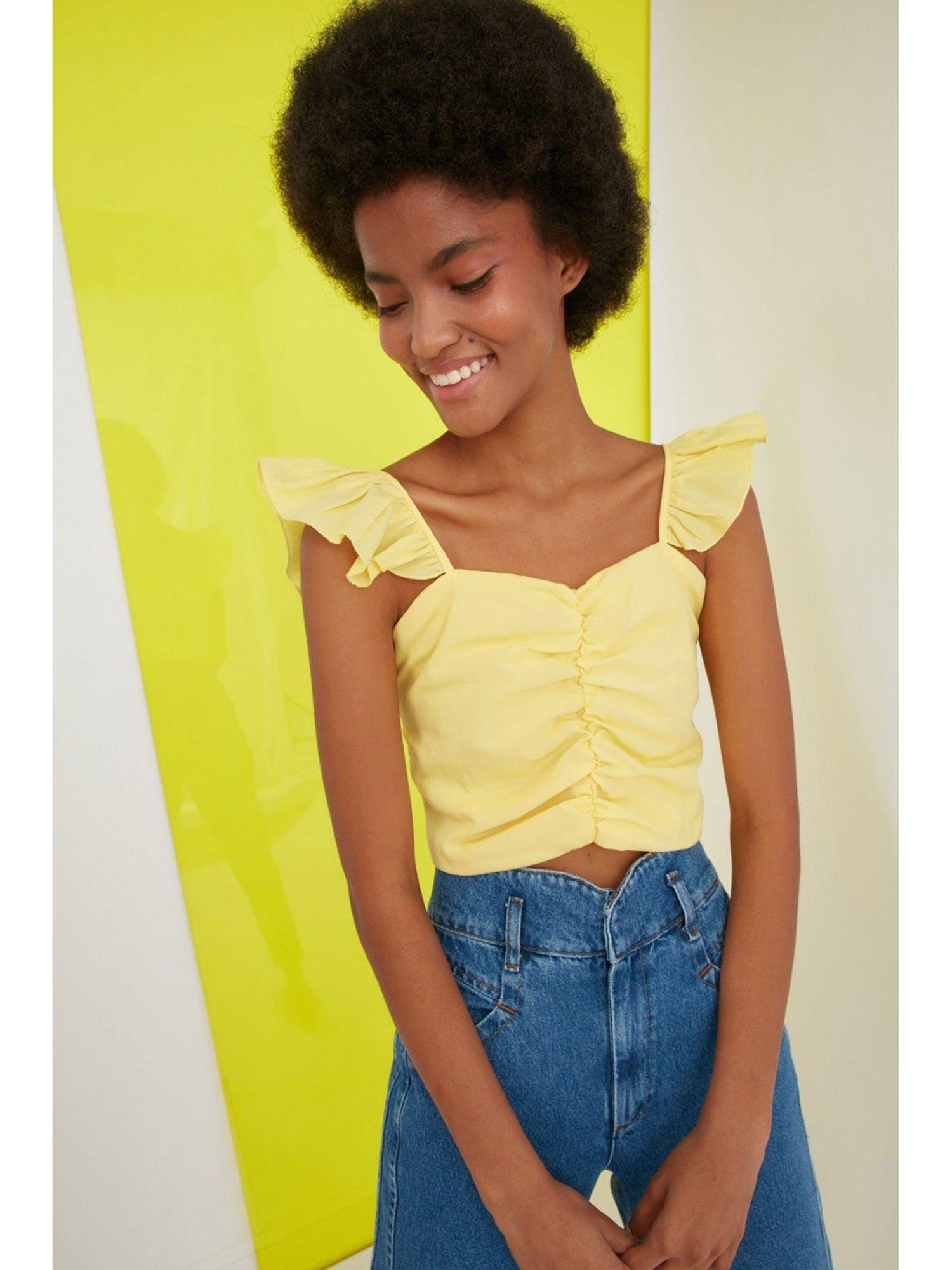 yellow frill sleeve ruached l top