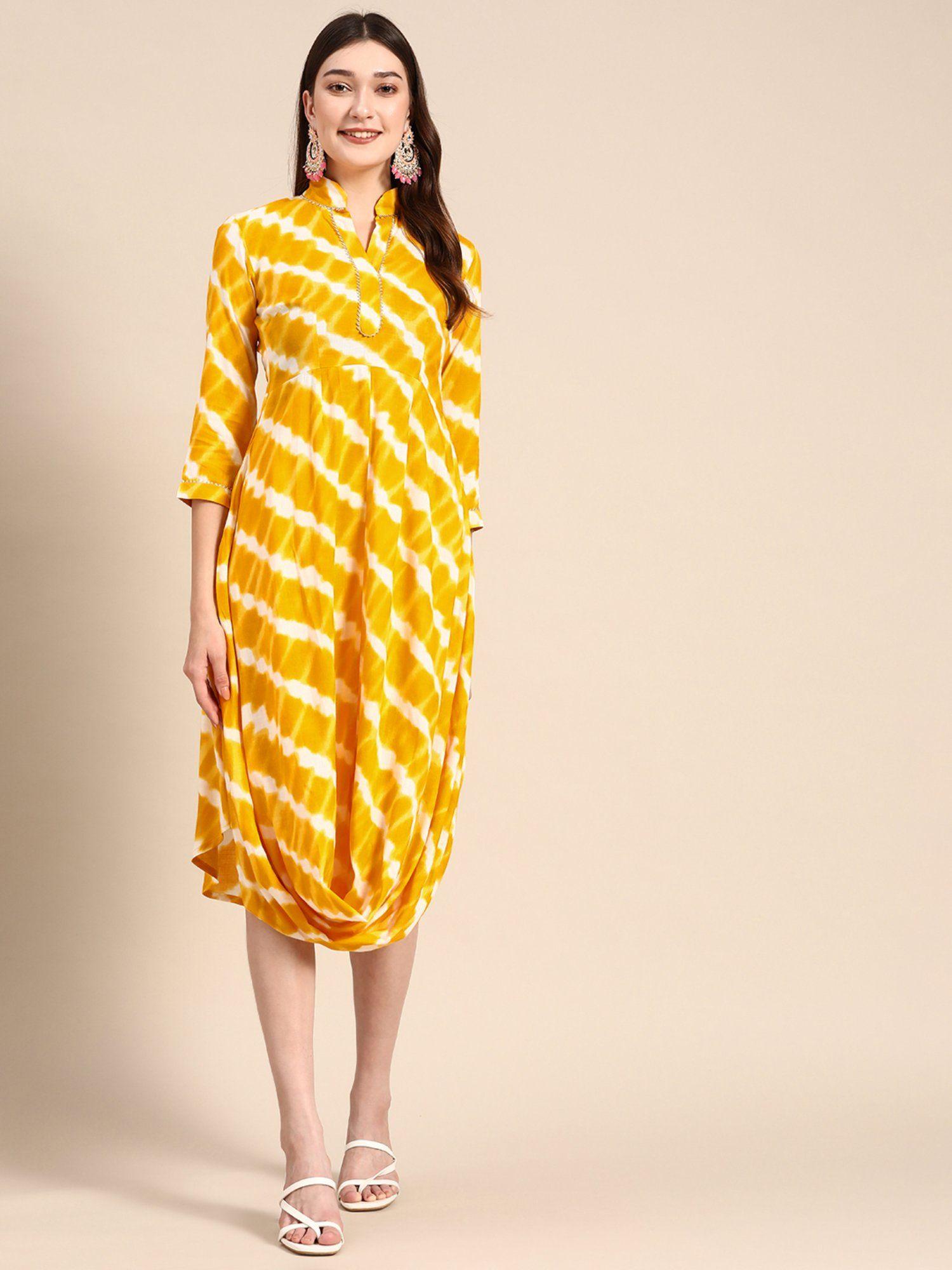 yellow front cowl midi dress