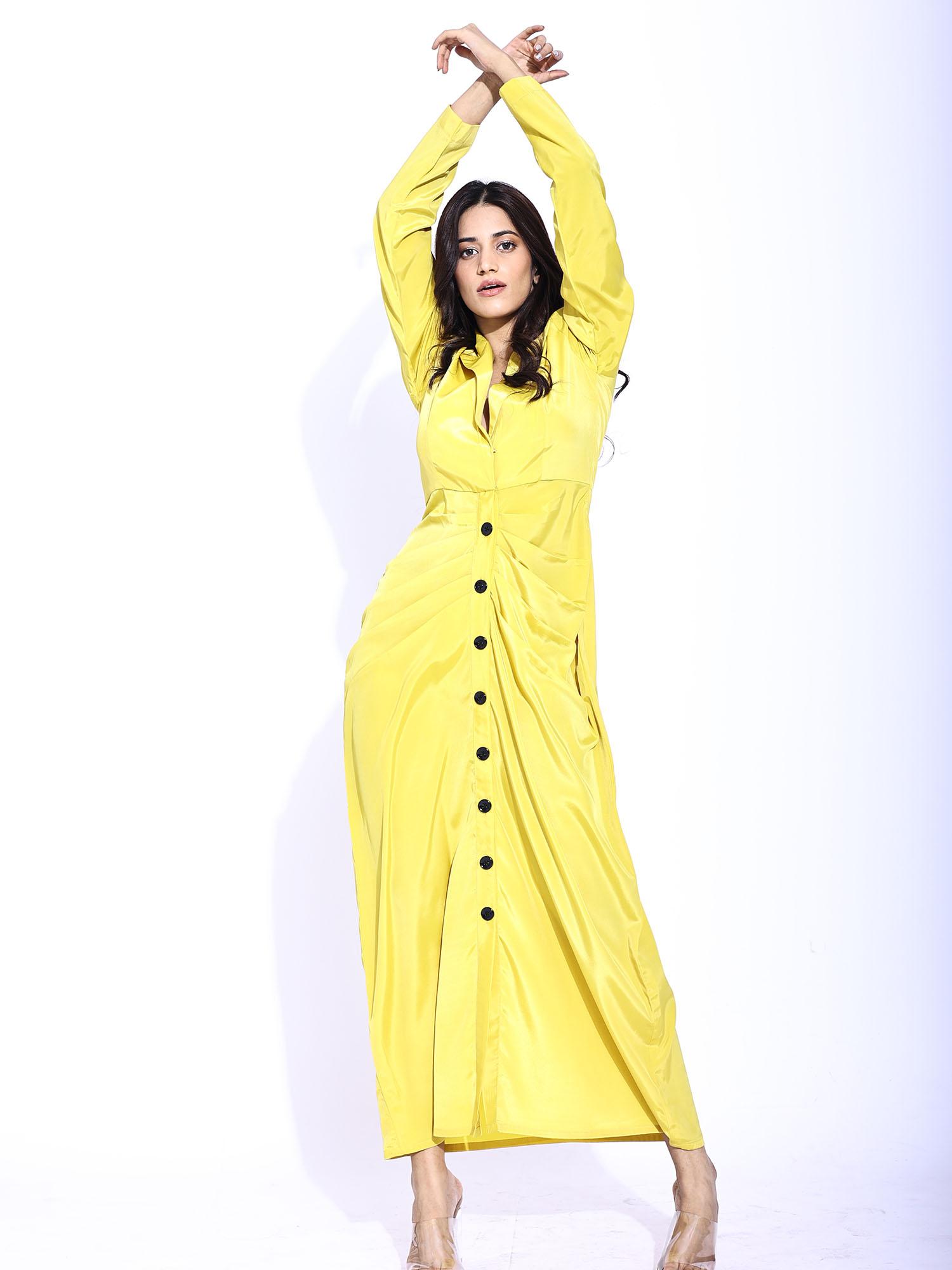 yellow full sleeved front waist pleated full length shirt dress