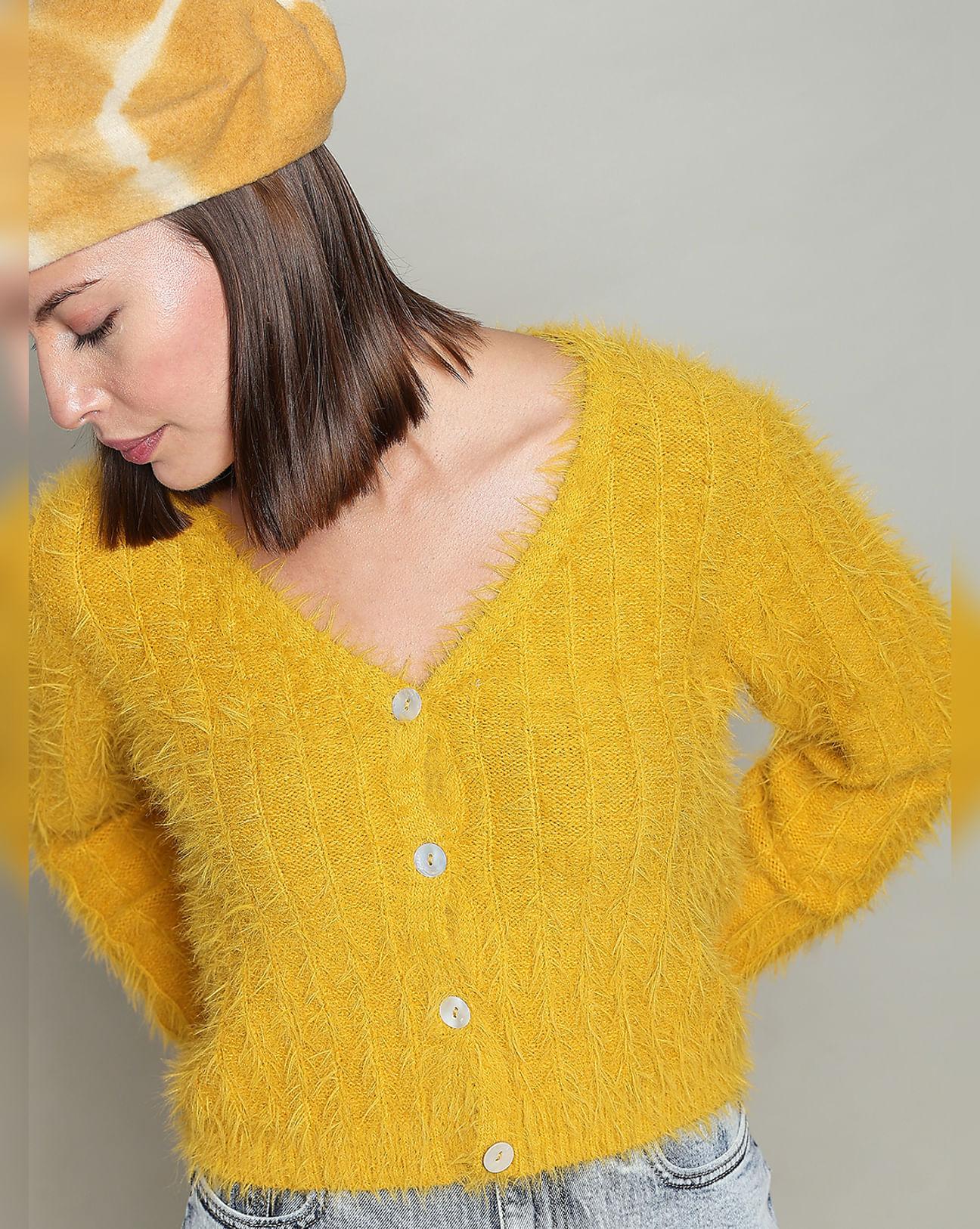 yellow fuzzy detail cardigan