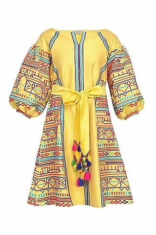 yellow geometric embroidered tafta dress