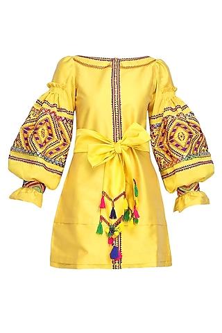 yellow geometric embroidered tafta dress
