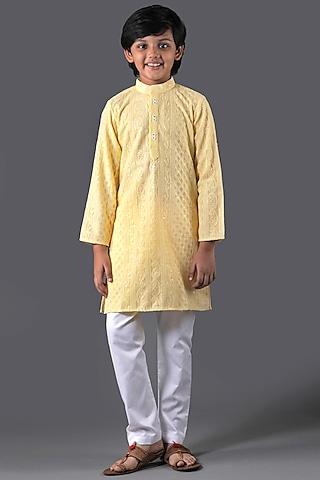 yellow georgette & cotton embroidered kurta set for boys