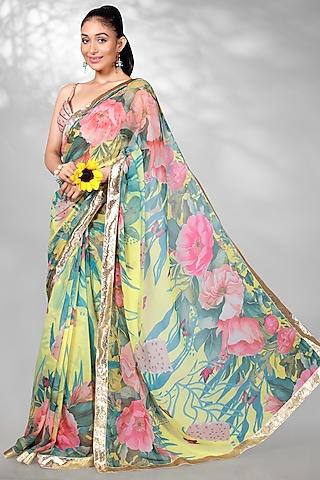 yellow georgette & navratna silk floral digital printed saree set