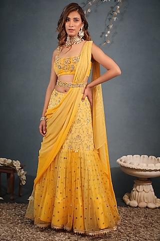 yellow georgette & net sequins embroidered lehenga saree set