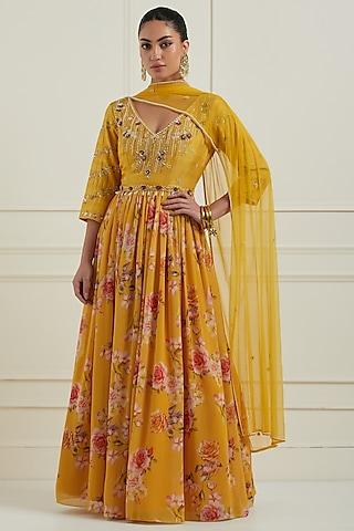 yellow georgette & raw silk printed anarkali set