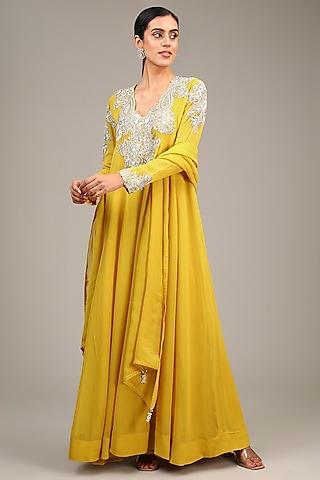 yellow georgette & santon hand embroidered anarkali set