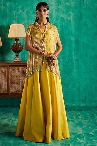 yellow georgette & silk dupion hand embroidered cape set