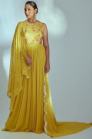 yellow georgette anarkali set