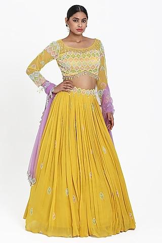 yellow georgette bead & cutdana embroidered lehenga set