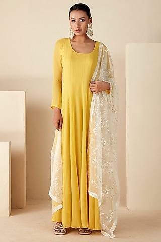 yellow georgette crepe & organza anarkali set