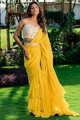 yellow georgette draped saree set