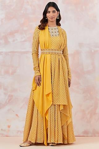 yellow georgette embellished anarkali set