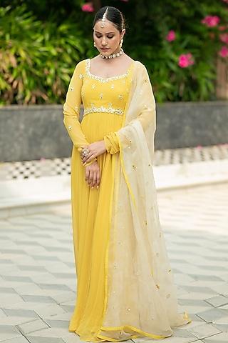 yellow georgette embellished anarkali set