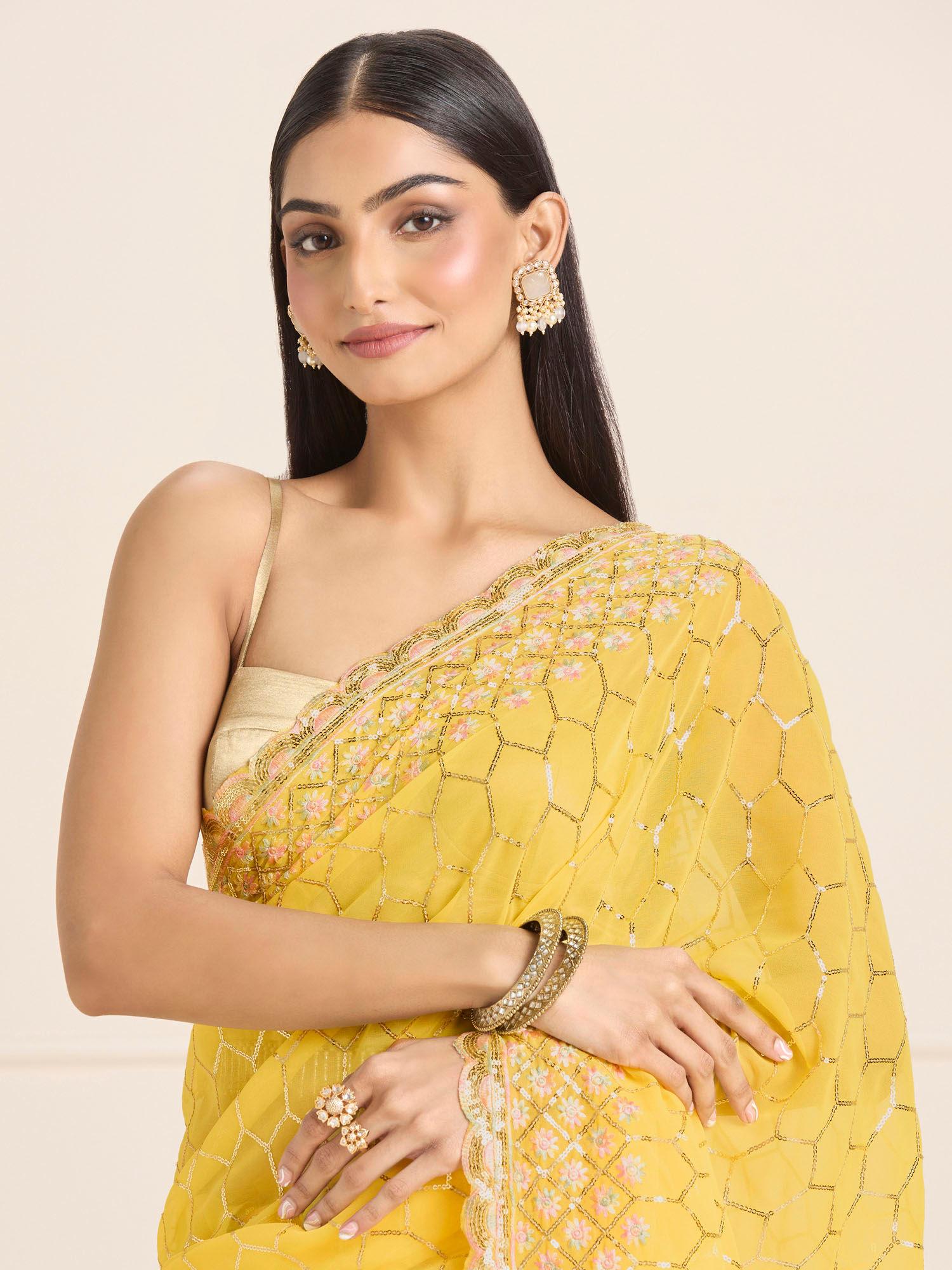 yellow georgette embellished embroidered festive saree & unstitched blouse