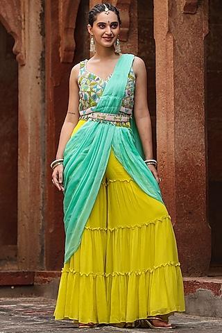 yellow georgette embellished pre-draped sharara pant saree set