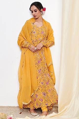 yellow georgette embroidered & floral printed anarkali set