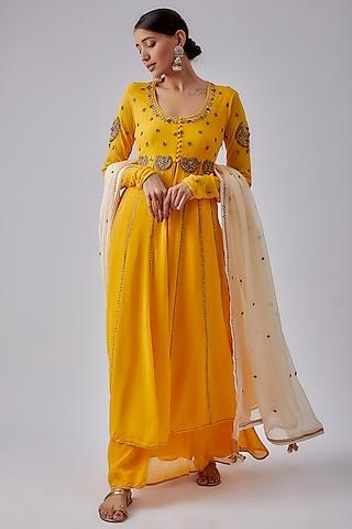 yellow georgette embroidered anarkali set