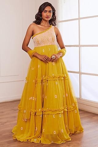 yellow georgette embroidered anarkali set