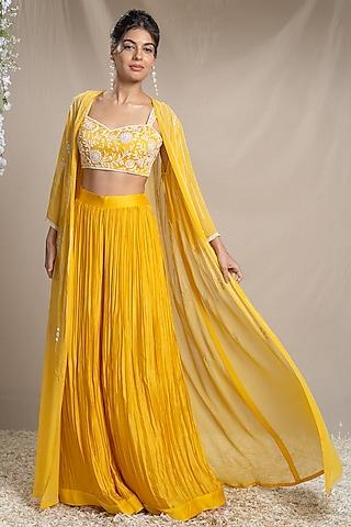 yellow georgette embroidered cape set