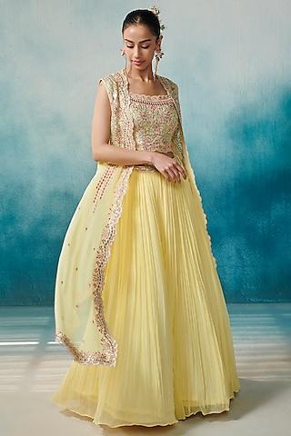 yellow georgette embroidered cape set