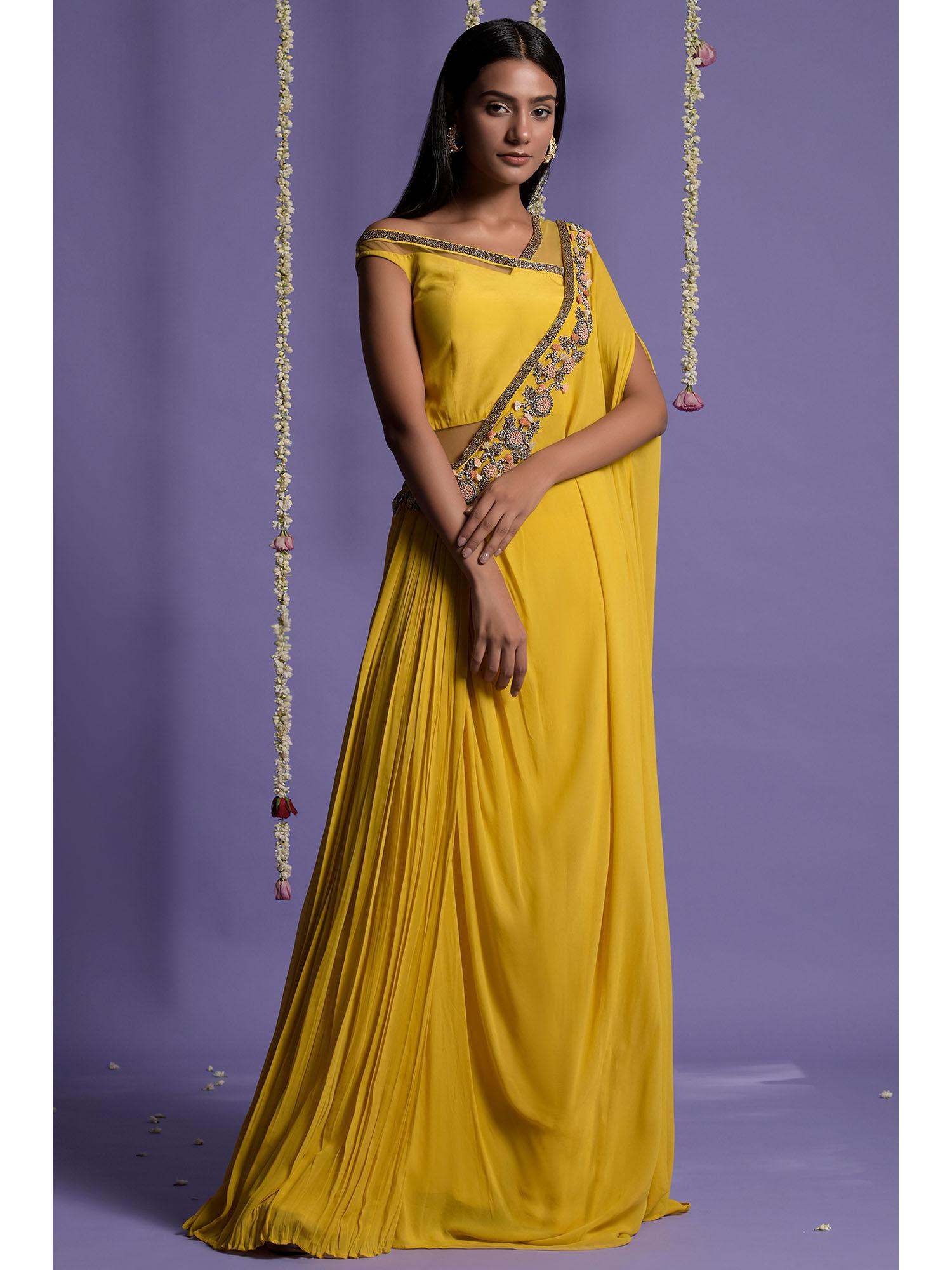 yellow georgette embroidered draped saree without blouse