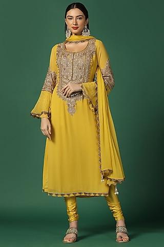 yellow georgette embroidered kurta set