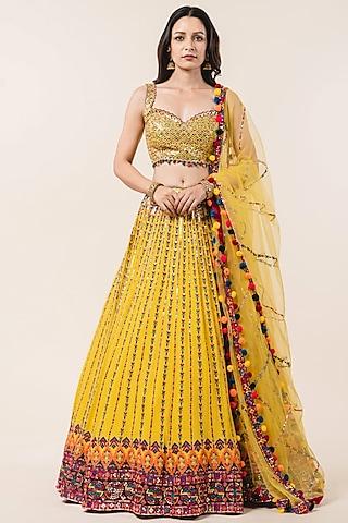 yellow georgette embroidered lehenga set