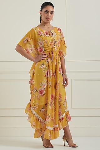 yellow georgette embroidered printed kaftan dress