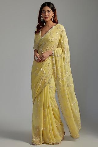 yellow georgette embroidered saree set
