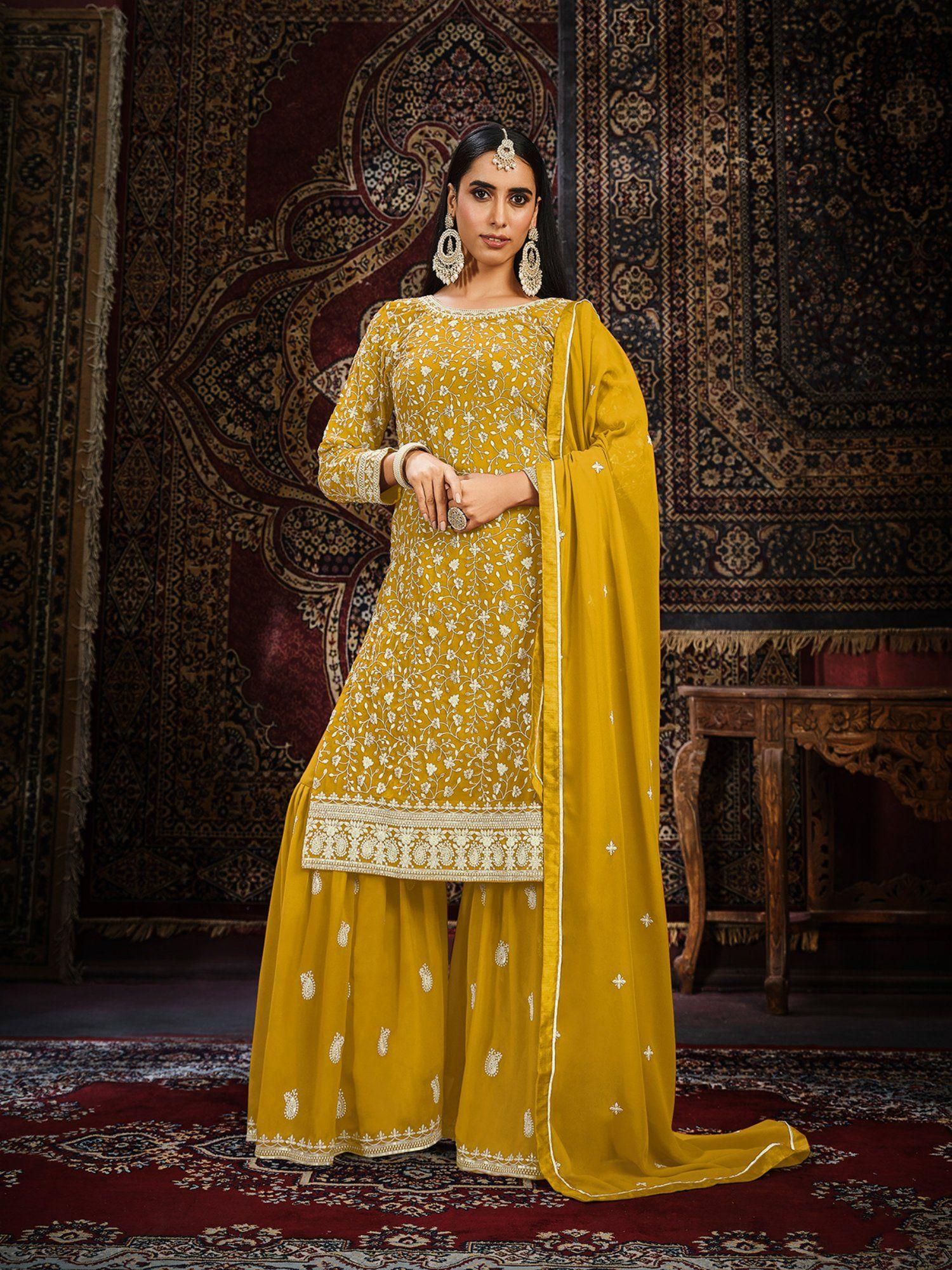 yellow georgette embroidered semi stitched dress material with inner (set of 4)