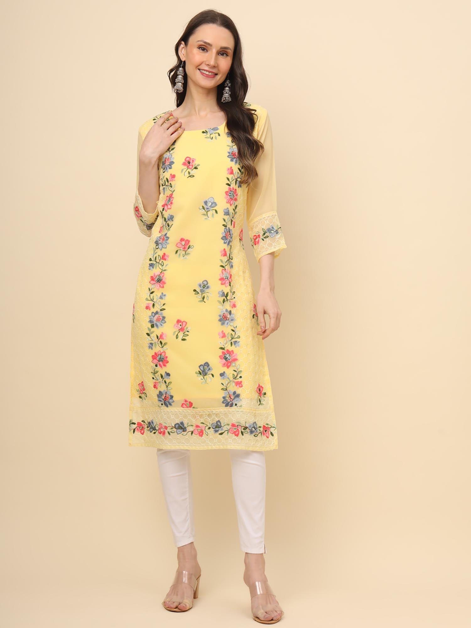 yellow georgette embroidery work straigh kurta